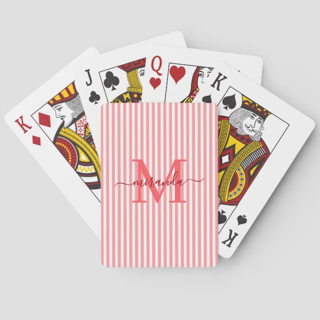 Rot-Weiß gestreiftes Monogramm Name Spielkarten (Rückseite)