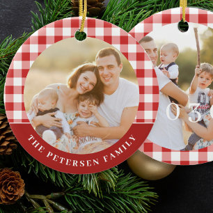 Rot-Weiß-Gingham-Karo 2-Foto-Familien-Weihnachten Keramik Ornament