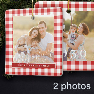 Rot-weiß kariert 2 Foto Familien-Weihnachten Keramikornament