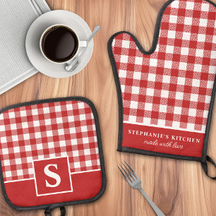 Rot-Weiß kariert, Gingham, monogrammiert Ofenhandschuh & Topflappen-Set