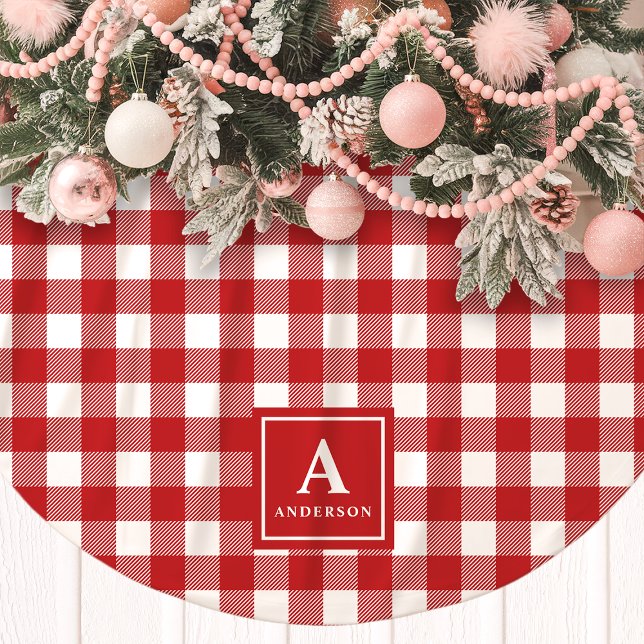 Rot-Weiß kariertes Monogramm Polyester Weihnachtsbaumdecke (Von Creator hochgeladen)