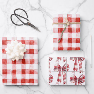 Rot-Weiß-Karo-Streifen-Schleifen-Geburtstag Geschenkpapier Set
