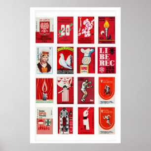 Rot-Weiß-Kollage aus Streichholzschachtel-Etikette Poster