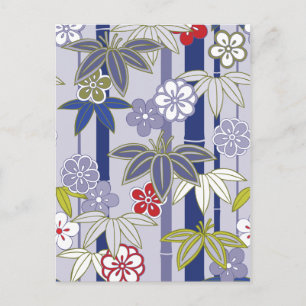 Rot Weiß Lila Blumen Japanisches Kimono-Muster Postkarte