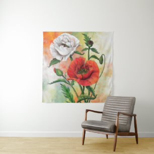 Rot-Weiß-Mohn-Tapisserie Wandteppich