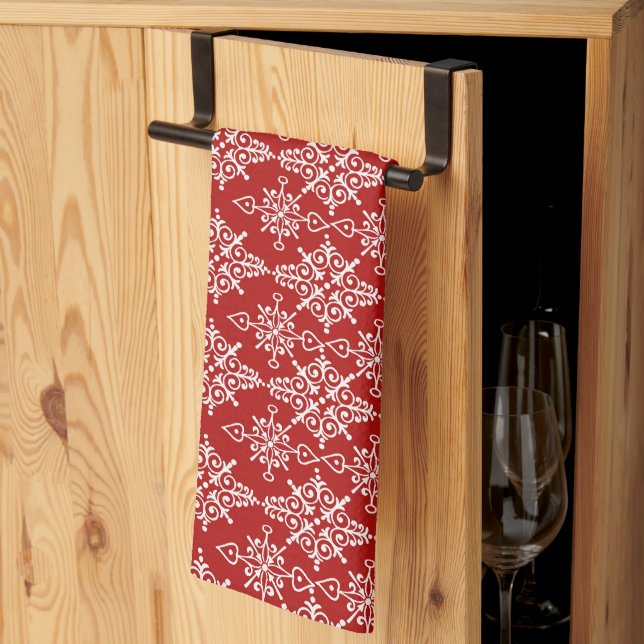 Rot-Weiß-Ornament-Schneeflockenmuster Geschirrtuch (Drittel gefaltet)