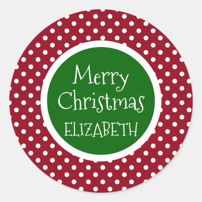 Rot-Weiß-Polka-Dose mit Personalisiertem Grün Runder Aufkleber (Vorderseite)