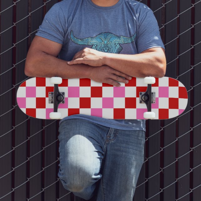 Rot-Weiß-Rosa Karomuster-Design  Skateboard (Außenbereich 3)