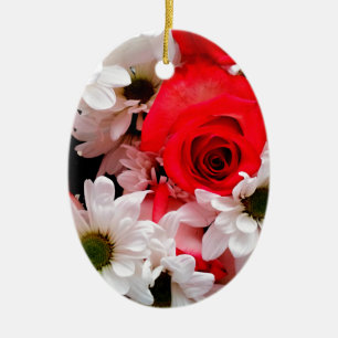 Rot-Weiß-Rose-Daisies-Bouquet-Oval-Ornament Keramik Ornament