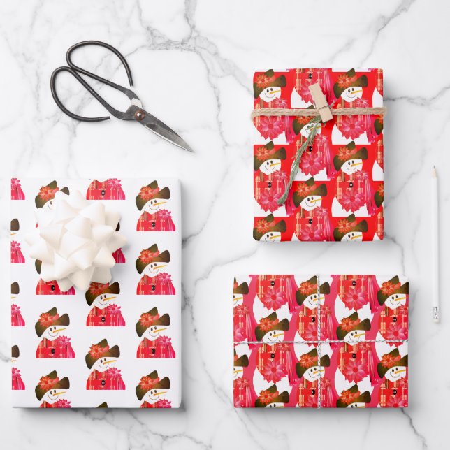 Rot-Weiß-Schneemann-Design Geschenkpapier Set (Vorderseite)