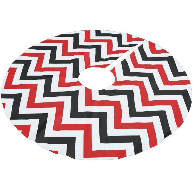 Rot, Weiß, Schwarz Zickzack ZigZag Muster Polyester Weihnachtsbaumdecke (Schrägansicht)