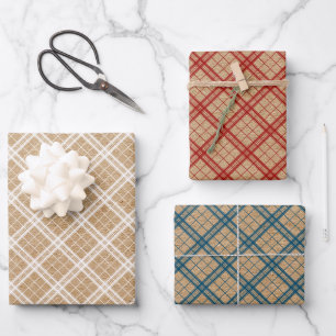 Rot Weiß Türkis Blau Gingham Auf Kraftfarbe Geschenkpapier Set