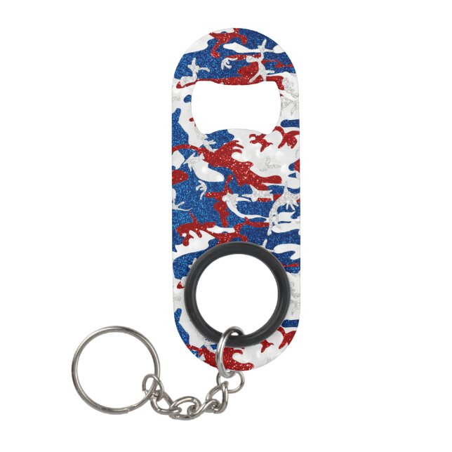 Rot, Weiß und Blau Camouflage 4. Juli Glitzer Mini Flaschenöffner (Vorderseite)