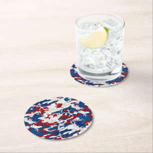 Rot, Weiß und Blau Camouflage 4. Juli Glitzer Runder Pappuntersetzer