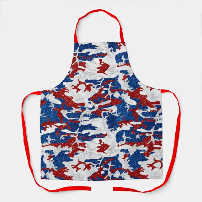 Rot, Weiß und Blau Camouflage 4. Juli Glitzer Schürze (Vorderseite)