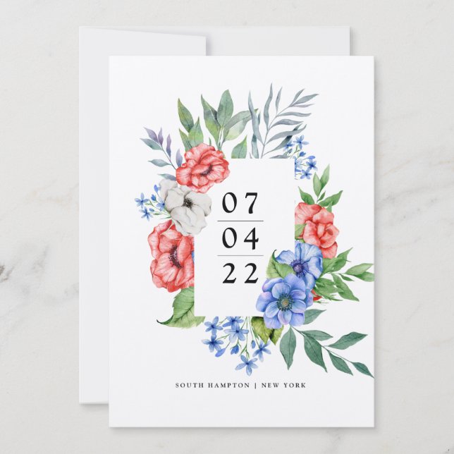 Rot weiß und Blau | Floral Save the Date Invitati Einladung (Vorderseite)