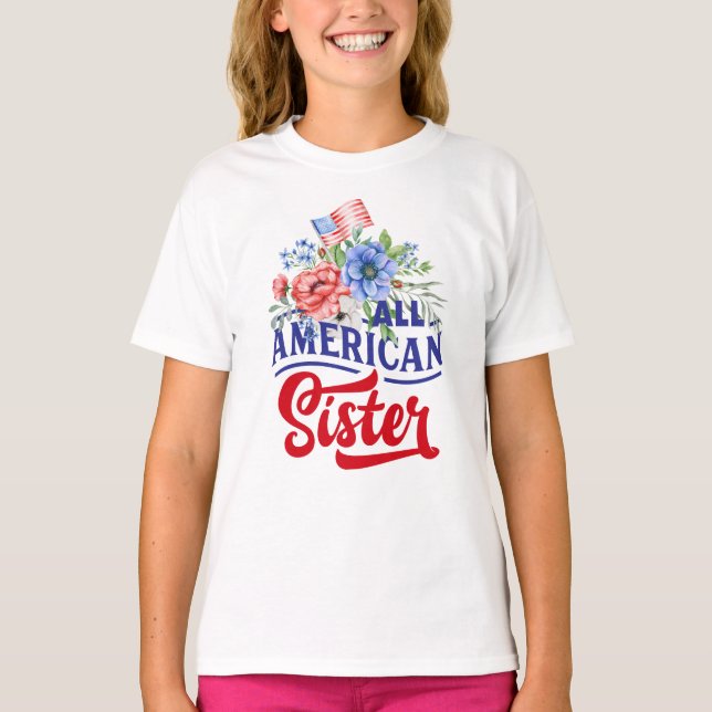 Rot weiß und blau florierend All American Sister T-Shirt (Vorderseite)