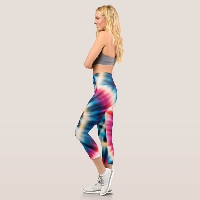 Rot-Weiß und Blau-Gefärbte Krawatte Multi-Farb-Mus Capri Leggings (Links)