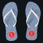 Rot-Weiß- und Blau-Griechenlandschlüsselmonogramm Flip Flops<br><div class="desc">Maßgeschneiderte,  bedruckte Flop-Sandalen mit einem stilvollen,  modernen griechischen Schlüsselmuster und einem eigenen Monogramm oder einem anderen Text in einem Kreisrahmen. Klicken Sie auf Anpassen,  um Schriftart und Farben zu ändern oder eigene Bilder hinzuzufügen,  um ein einzigartiges Design zu erstellen!</div>
