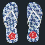 Rot-Weiß- und Blau-Griechenlandschlüsselmonogramm Flip Flops<br><div class="desc">Maßgeschneiderte,  bedruckte Flop-Sandalen mit einem stilvollen,  modernen griechischen Schlüsselmuster und einem eigenen Monogramm oder einem anderen Text in einem Kreisrahmen. Klicken Sie auf Anpassen,  um Schriftart und Farben zu ändern oder eigene Bilder hinzuzufügen,  um ein einzigartiges Design zu erstellen!</div>