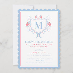 Rot, Weiß und Blau GRILLEN 4. Juli Monogramm Wappe Einladung