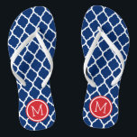 Rot-Weiß und Blau-marokkanisches Quatrefolienmonog Flip Flops<br><div class="desc">Maßgeschneiderte,  bedruckte Flop-Sandalen mit einem stilvollen marokkanischen Quartrefolienmuster und einem eigenen Monogramm oder einem anderen Text in einem Kreisrahmen. Klicken Sie auf Anpassen,  um Schriftart und Farben zu ändern oder eigene Bilder hinzuzufügen,  um ein einzigartiges Design zu erstellen!</div>