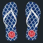 Rot-Weiß und Blau-marokkanisches Quatrefolienmonog Flip Flops<br><div class="desc">Maßgeschneiderte,  bedruckte Flop-Sandalen mit einem stilvollen marokkanischen Quartrefolienmuster und einem eigenen Monogramm oder einem anderen Text in einem Kreisrahmen. Klicken Sie auf Anpassen,  um Schriftart und Farben zu ändern oder eigene Bilder hinzuzufügen,  um ein einzigartiges Design zu erstellen!</div>