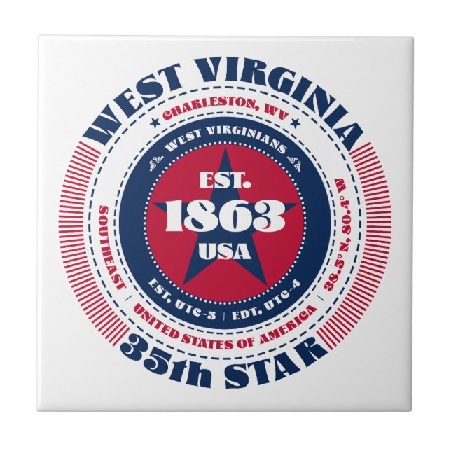 Rot, Weiß und Blau-West-Virginia-Keramik Tile Fliese (Vorderseite)