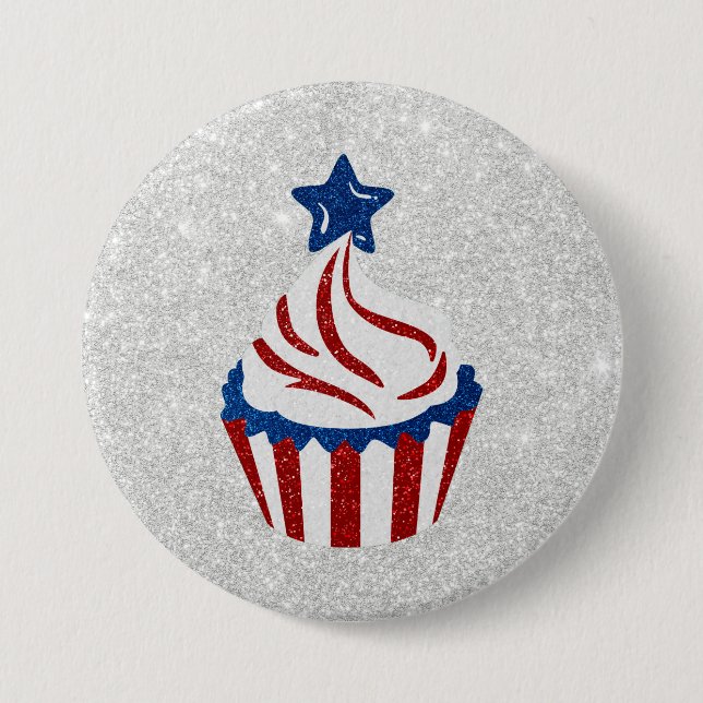 Rot, Weiß und Blauer Cupcake 4. Juli Glitzer Button (Vorderseite)