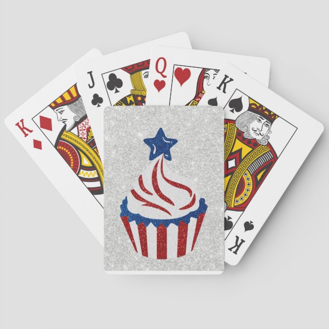 Rot, Weiß und Blauer Cupcake 4. Juli Glitzer Spielkarten (Rückseite)