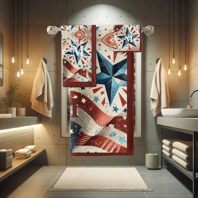 Rot-Weiß- und Blauer-Leuchtstangen und Streifen-Mo Badhandtuch Set (Red White and Blue Shining Stars & Stripe Monogram Bath Towel Set)