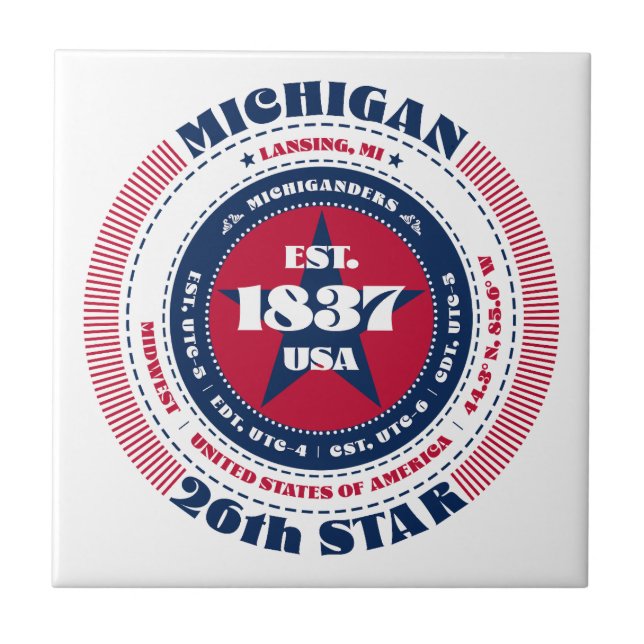 Rot, Weiß und Blauer Michigan Keramik Tile Fliese (Vorderseite)