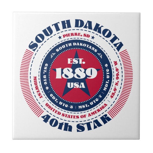 Rot, Weiß und Blauer Süddakota Keramik Tile Fliese (Vorderseite)
