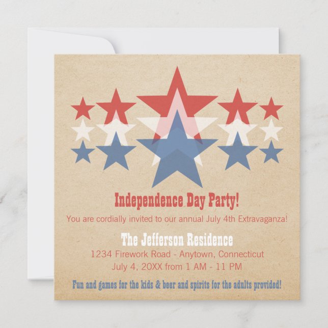 Rot, Weiß und Blue Star Cascade 4. Juli Einladung (Vorderseite)