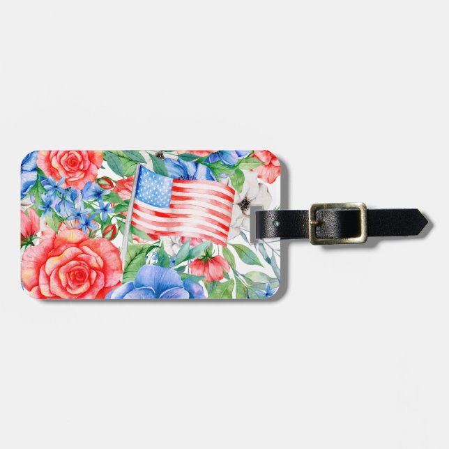 Rot-Weiß und Blumen Blumen 4. Juli Patriotic Gepäckanhänger (Vorderseite horizontal)