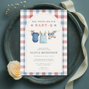 Rot Weiß und Fällig Baby-Q Gingham Babyparty Einladung