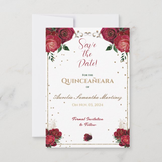 Rot, Weiß und Gold Quinceñera Save the Date (Vorderseite)