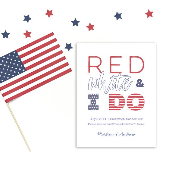 Rot weiß und ich mache Save the Date Hochzeitsfeie Ankündigungspostkarte (Von Creator hochgeladen)