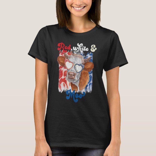 Rot Weiß und Moo Kuh 4. Juli Patriotische USA Fl T-Shirt (Vorderseite)