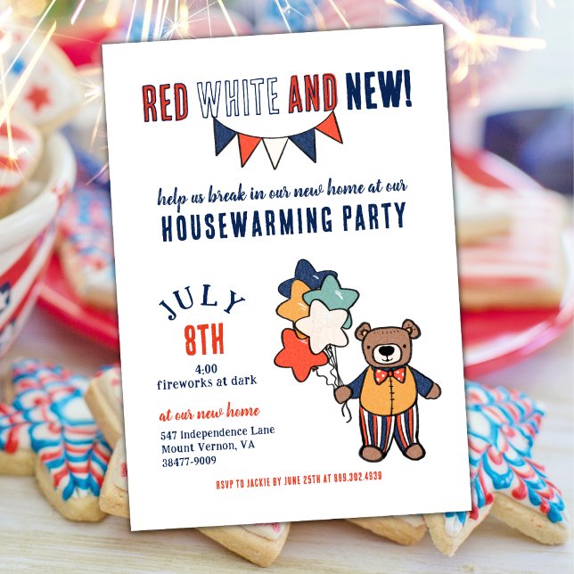 Rot, Weiß und Neu | Summer Housewarming Party Einladung (Red, White, and New!  Show Off Your New Home with this July Themed Housewarming Invitation)