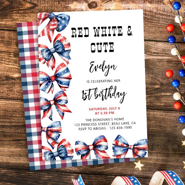 Rot-Weiß und Niedliche Bogen jedes Alters Kinderge Einladung (Fourth of July themed kids birthday invitation with red white and blue hair bows)