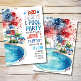 Rot, Weiß und Pool-Party-Patriotischer Geburtstag Einladung