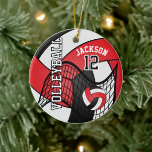 Rot, Weiß und Schwarz Personalisieren Volleyball � Keramik Ornament