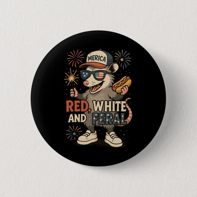 Rot Weiß Und Wilde Feuerwerk Opossum 4. Juli  Button (Vorderseite)
