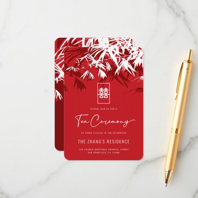 Rot/Weiß Zen Bamboo Verlasse chinesische Teezeremo Begleitkarte (Vorderseite/Rückseite Beispiel)