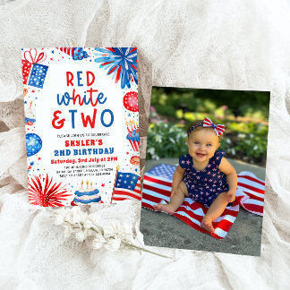 Rot, Weiß & Zwei 4. Juli 2. Foto Geburtstagsparty Einladung