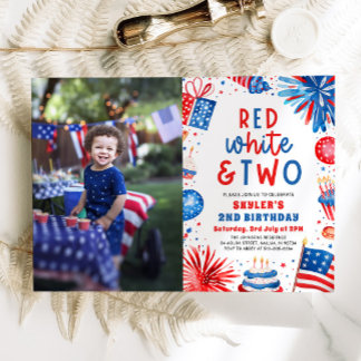Rot, Weiß & Zwei 4. Juli 2. Foto Geburtstagsparty Einladung