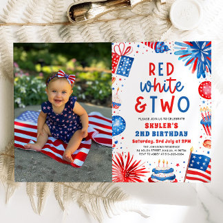 Rot, Weiß & Zwei 4. Juli 2. Foto Geburtstagsparty Einladung