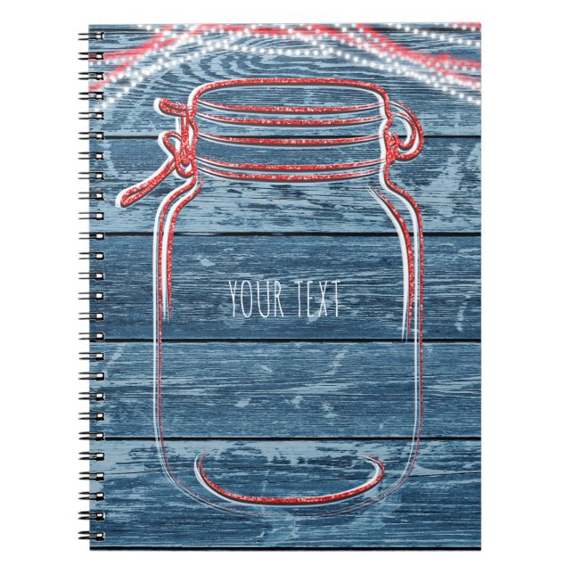 Rot Weiße & Blaue Mason Jar & Lichterkette Rustika Notizblock (Vorderseite)