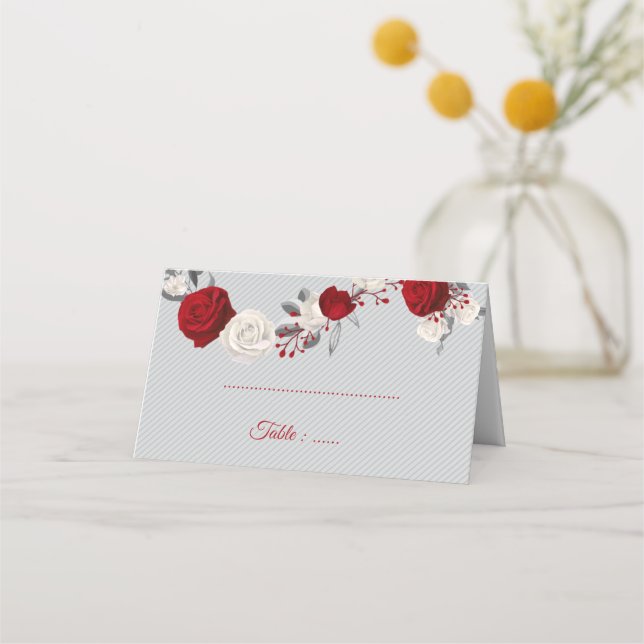 Rot-weiße Blume, silberne Blätter, grau Platzkarte (Vorderseite)